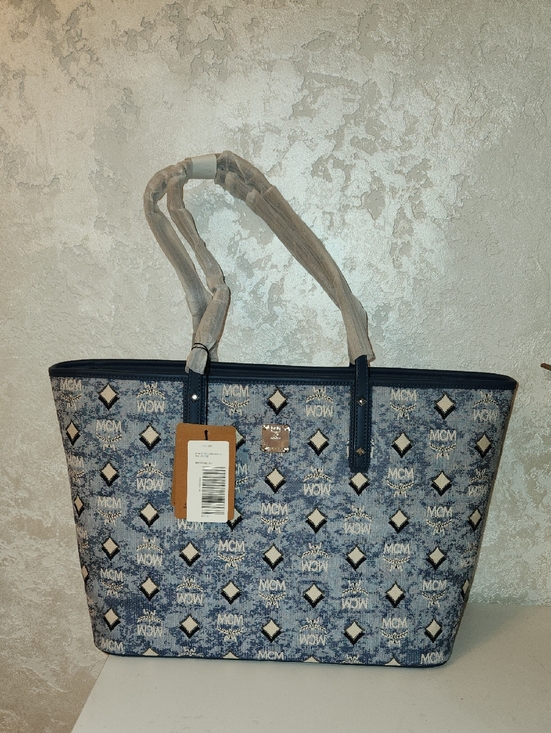 MCM Handbags - MCM Blue Monogram Visetos Tote with Navy Trim